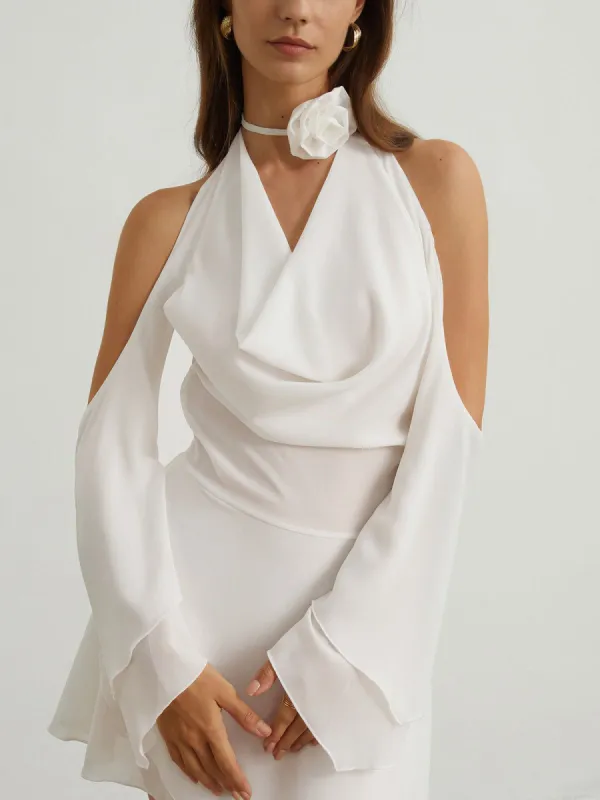 Rosette Cowl Neck Open Back Short Dress sold by COMMENSE