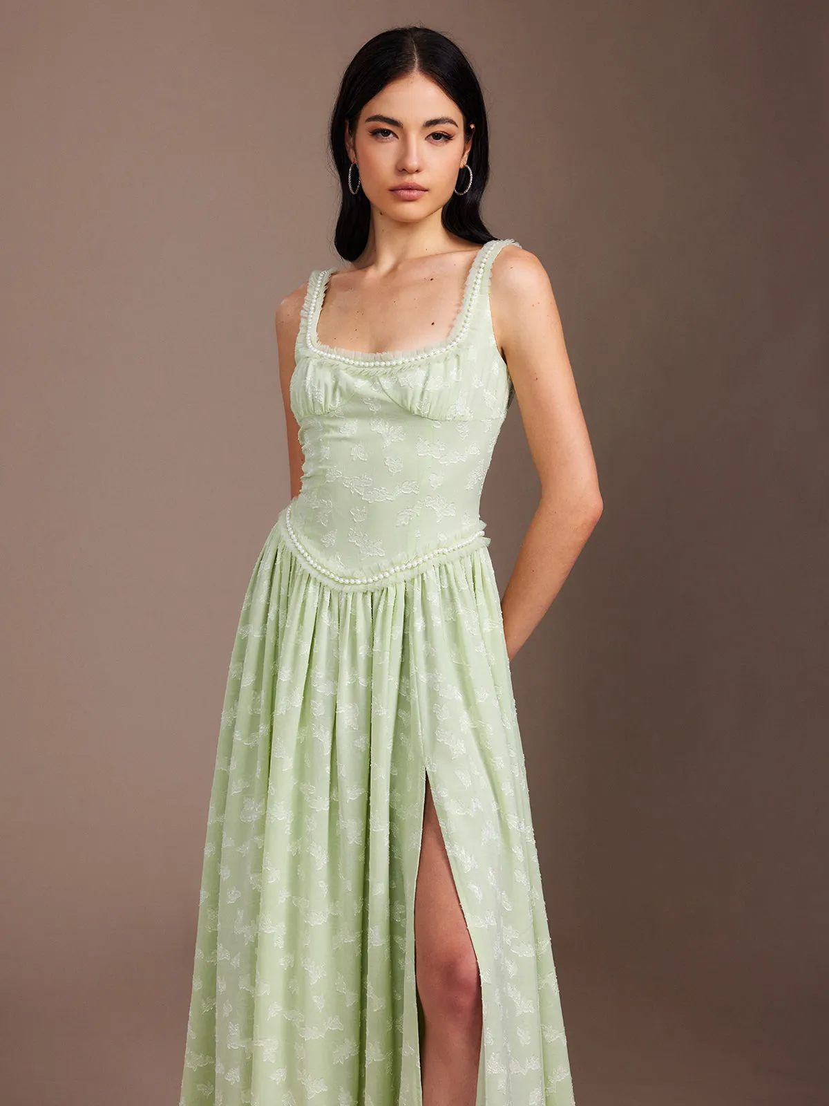 Chiffon Bead Trim Paneled Split Dress sold by COMMENSE product image thumbnail 4