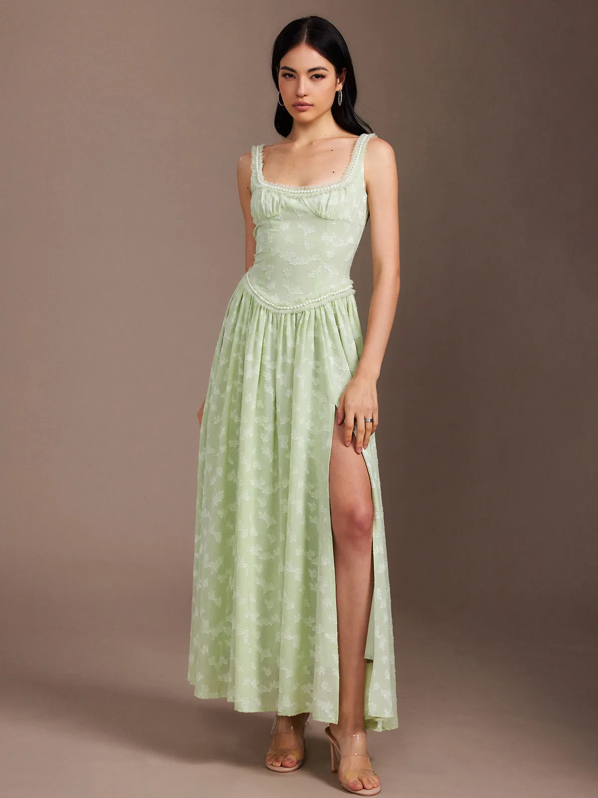 Chiffon Bead Trim Paneled Split Dress sold by COMMENSE