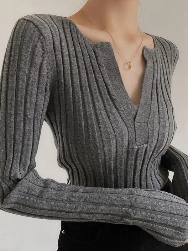 Solid Textured V-neck Knit Top sold by COMMENSE