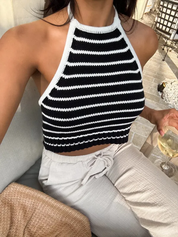 Striped Knotted Backless Halter Sweater Vest sold by COMMENSE
