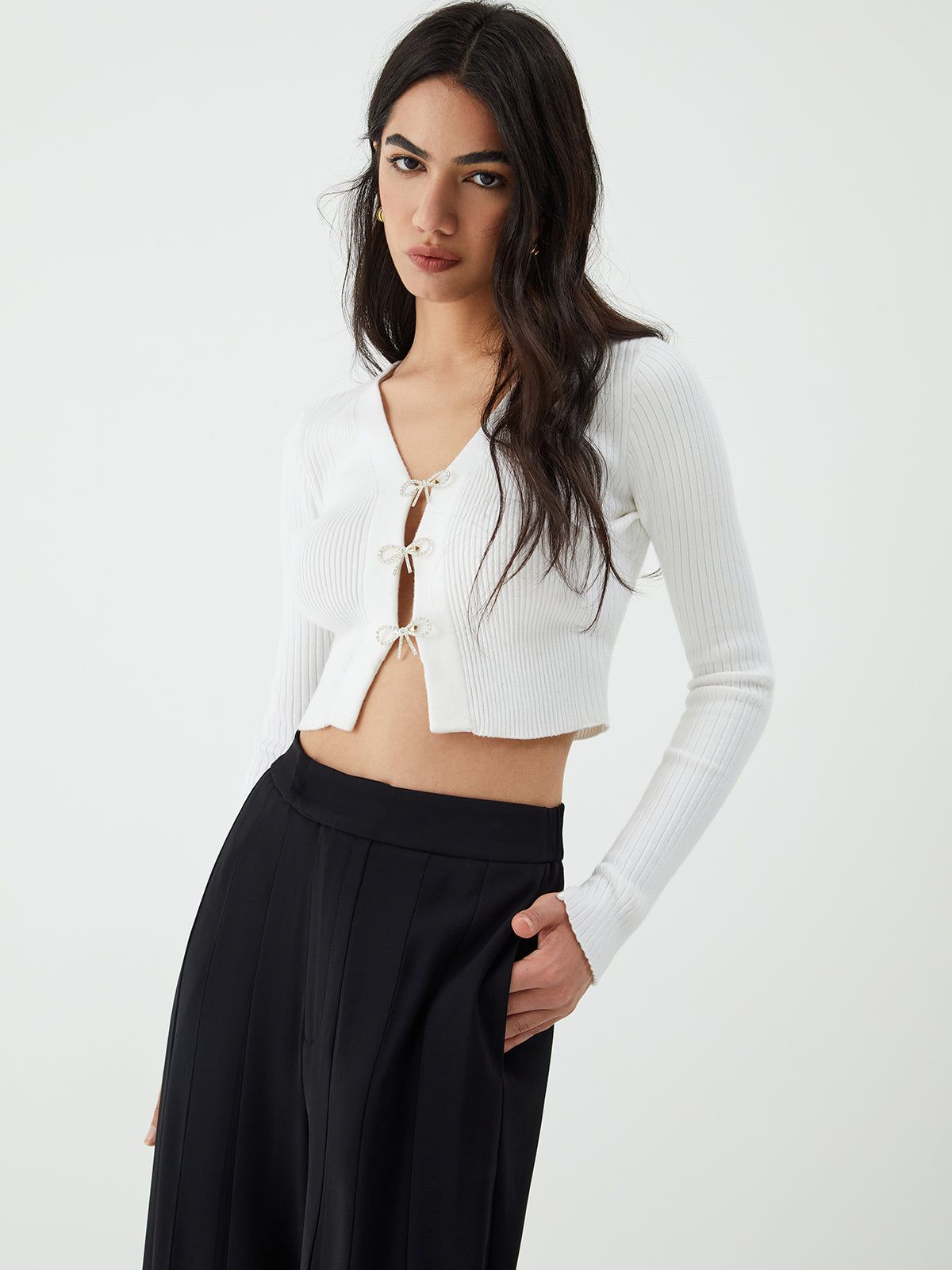 Rhinestone Decorated Bow Cutout Cropped Sweater sold by COMMENSE product image thumbnail 2