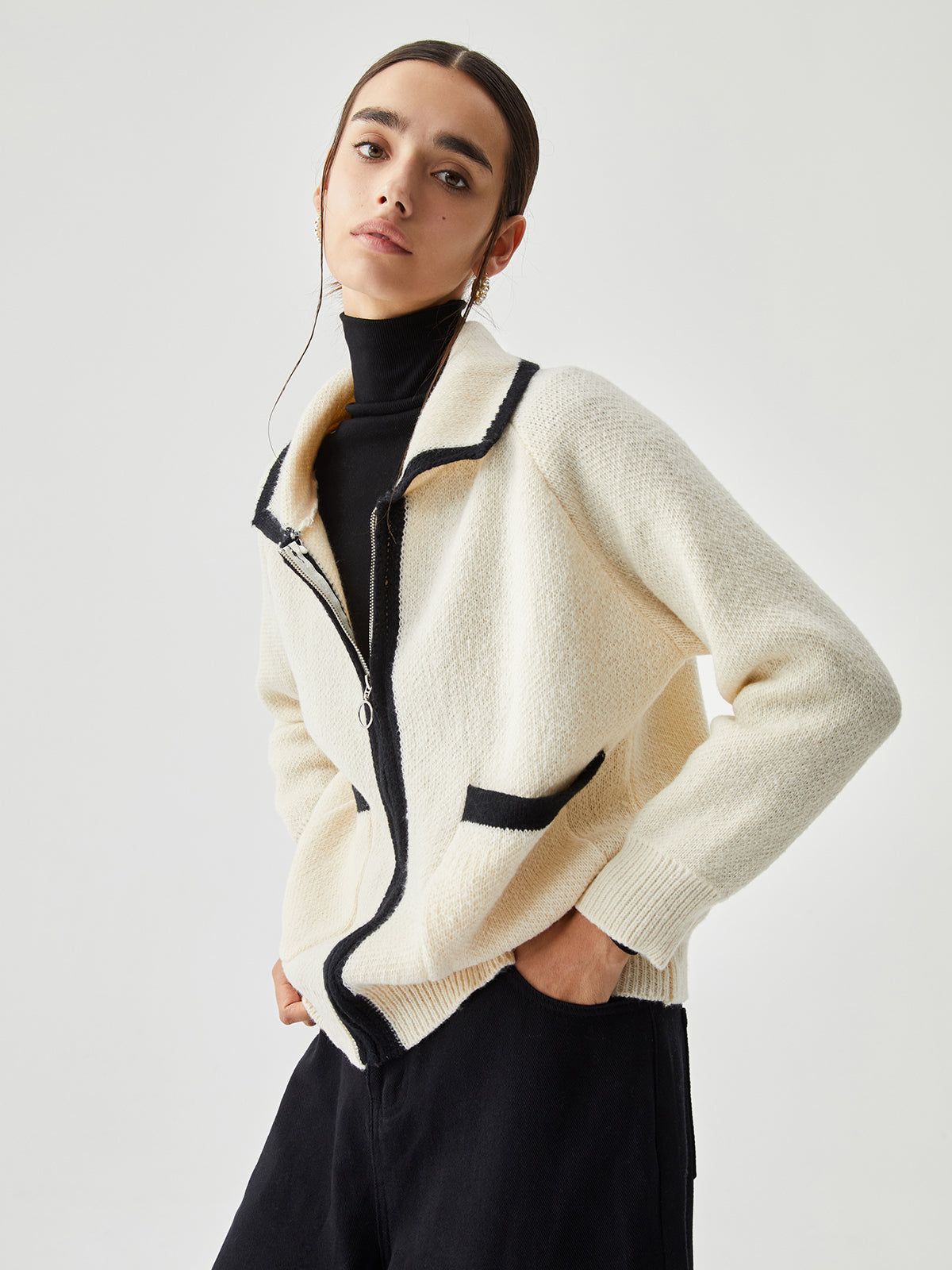 Collared Zippered Contrast Trim Pocket Cardigan sold by COMMENSE product image thumbnail 3