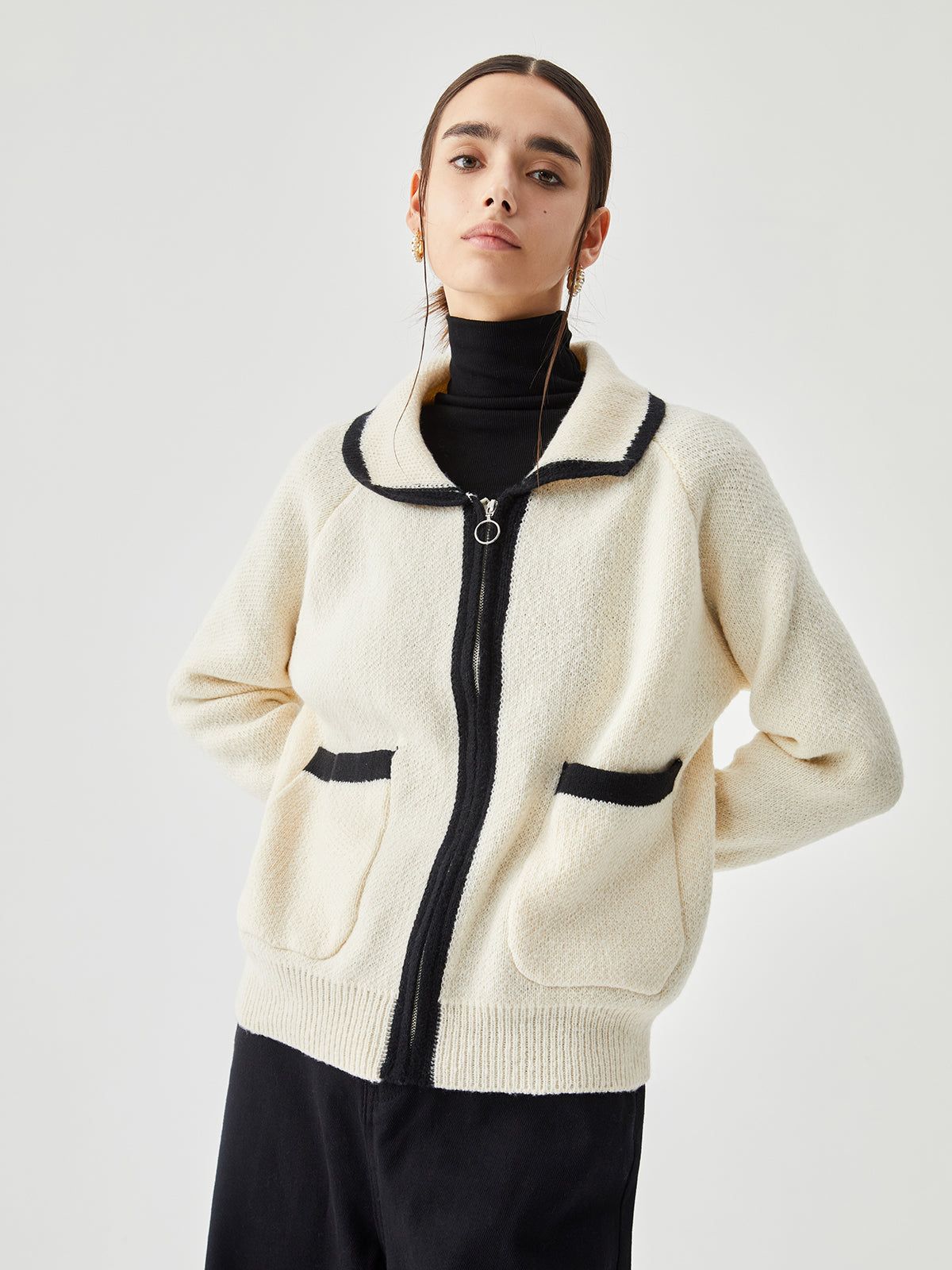 Collared Zippered Contrast Trim Pocket Cardigan sold by COMMENSE product image thumbnail 4