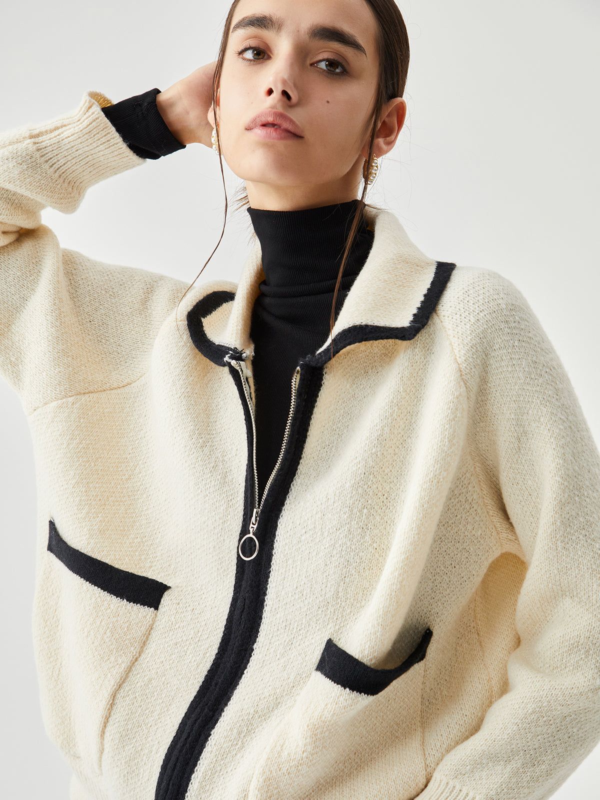 Collared Zippered Contrast Trim Pocket Cardigan sold by COMMENSE product image thumbnail 2