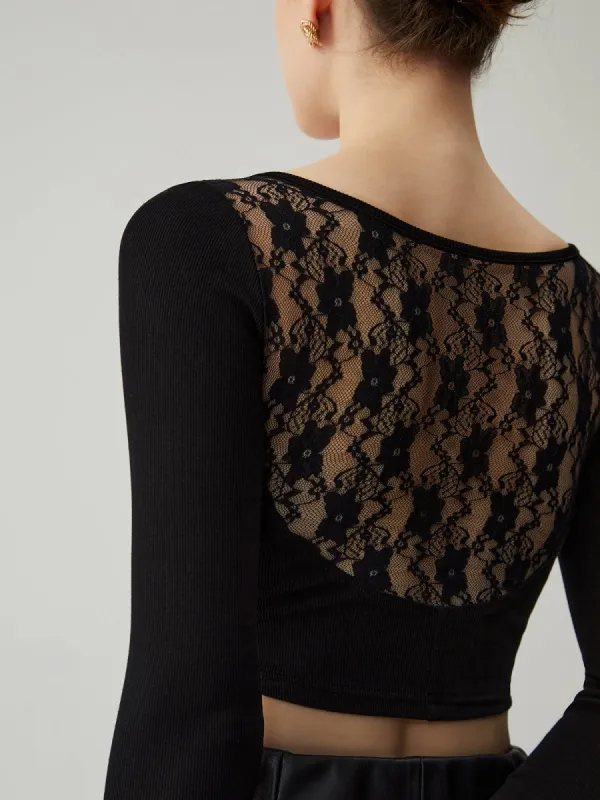 Patchwork Lace Back Ribbed Knit Long Sleeve Crop Top sold by COMMENSE
