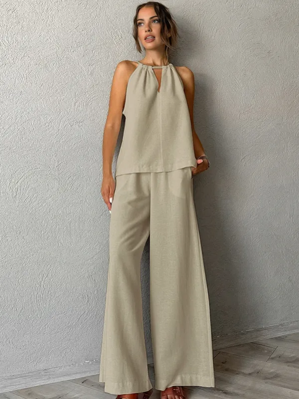 Pure Cotton Cutout Tank Top With Wide Leg Pants Set made by COMMENSE