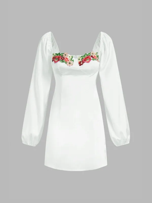 Floral Satin Puff Sleeve Short Dress made by COMMENSE