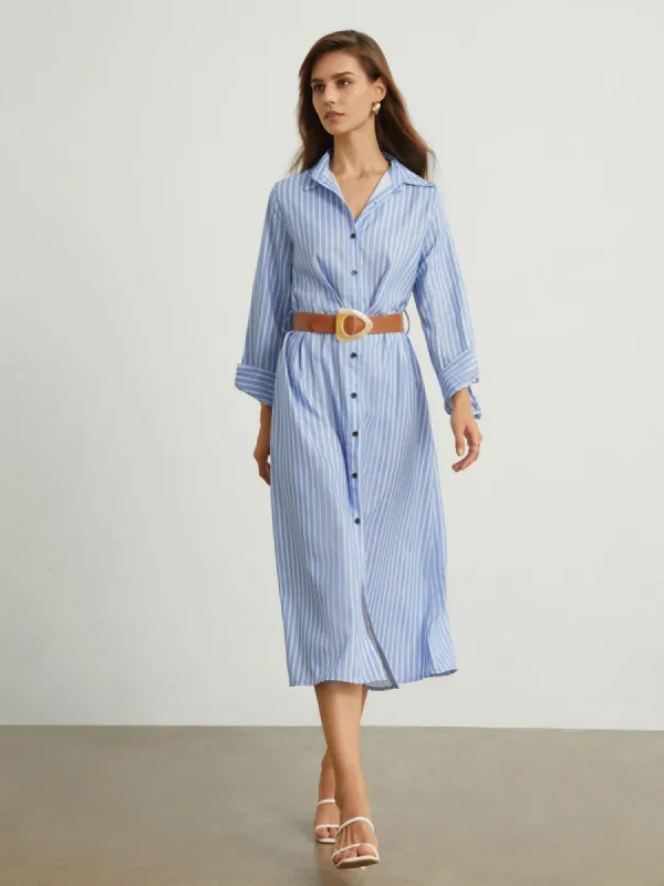 Cotton Pinstripe Button Down Midi Dress sold by COMMENSE
