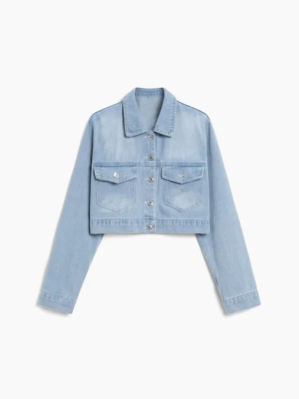 Light Blue Cotton Crop Denim Jacket sold by COMMENSE