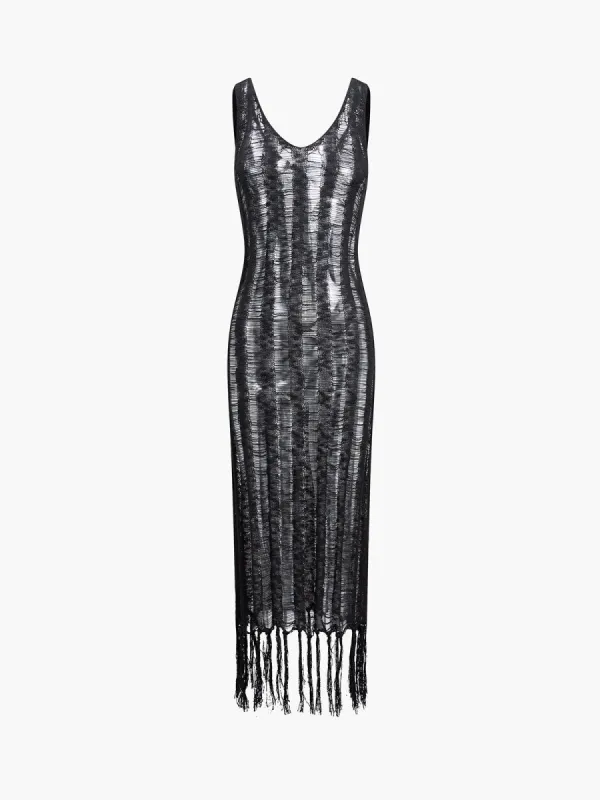 Fringed Open Knit Long Dress made by COMMENSE