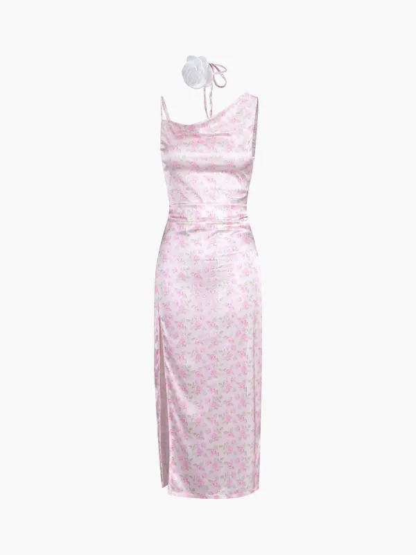 Rosette Satin Floral Midi Dress sold by COMMENSE
