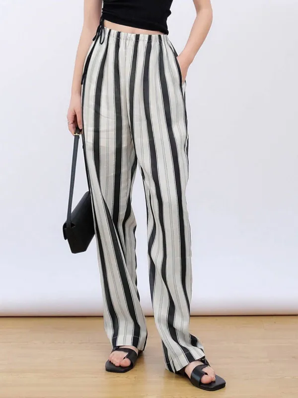 Striped Linen Cropped Wide Leg Pants sold by COMMENSE