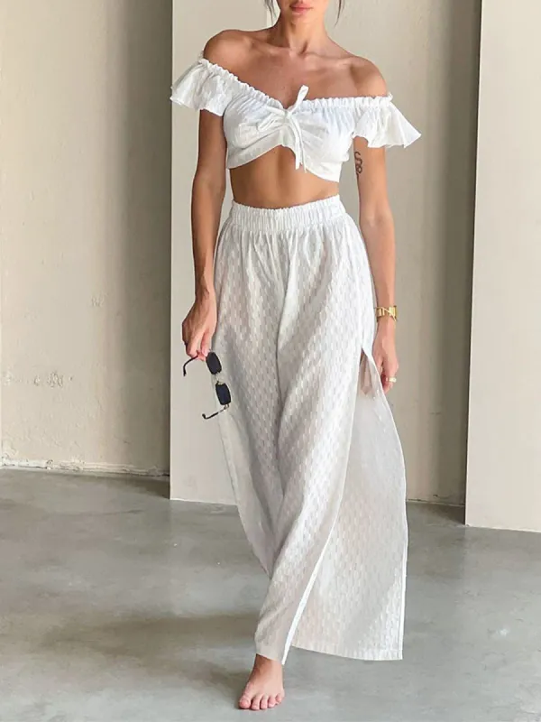 Off Shoulder Textured Two Piece Pants Set sold by COMMENSE