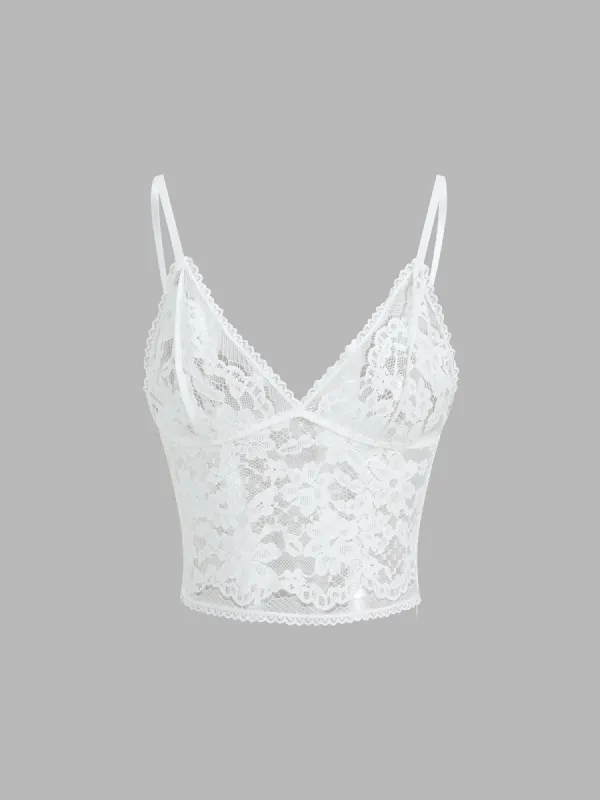 Floral Lace Zippered Crop Cami Top sold by COMMENSE