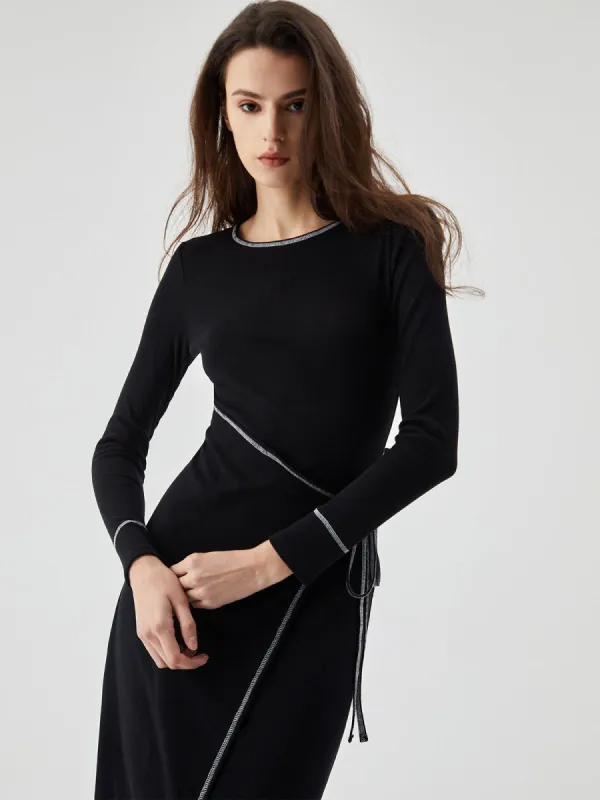 Contrast Trim Crew Neck Long Sleeve Tied Midi Dress sold by COMMENSE