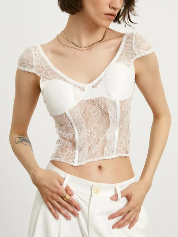 Cap Sleeve Floral Lace Crop Top sold by COMMENSE