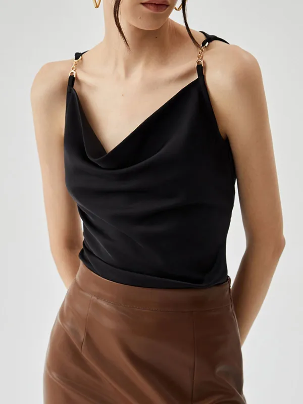 Satin Draped Metallic Chain Cami Top sold by COMMENSE
