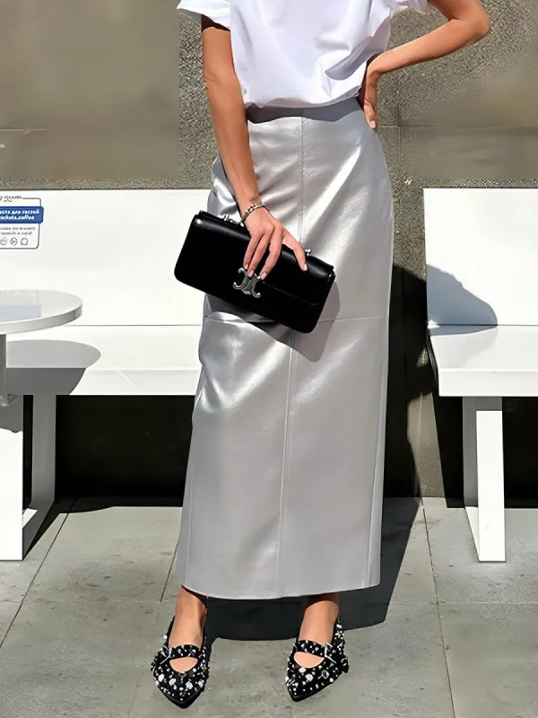 Faux Leather Zip Split Maxi Skirt sold by COMMENSE