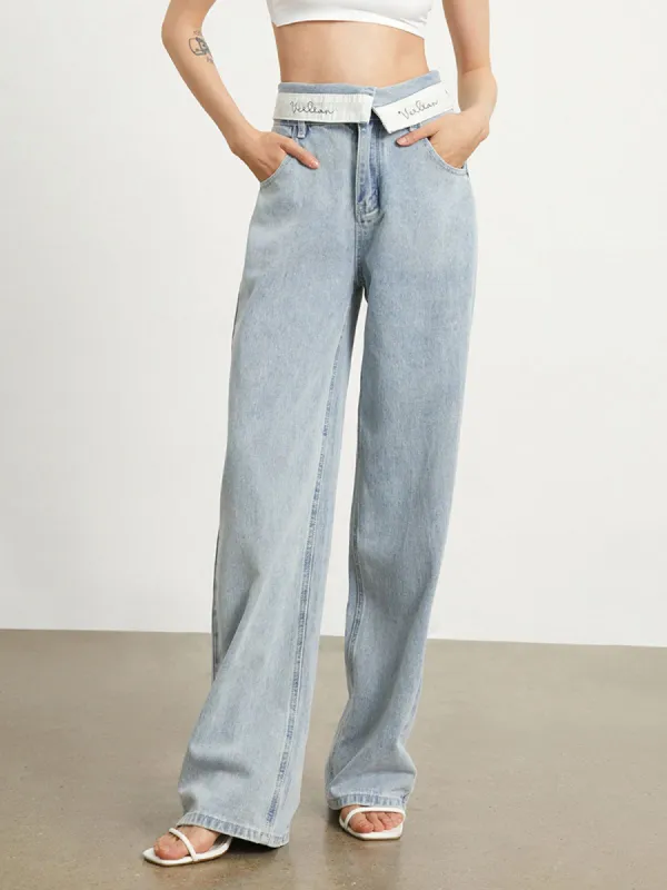 Fold Over Light Blue Straight Leg Jeans sold by COMMENSE