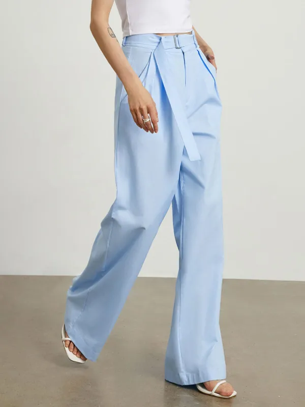 Sky Blue Belted Wide Leg Pants made by COMMENSE