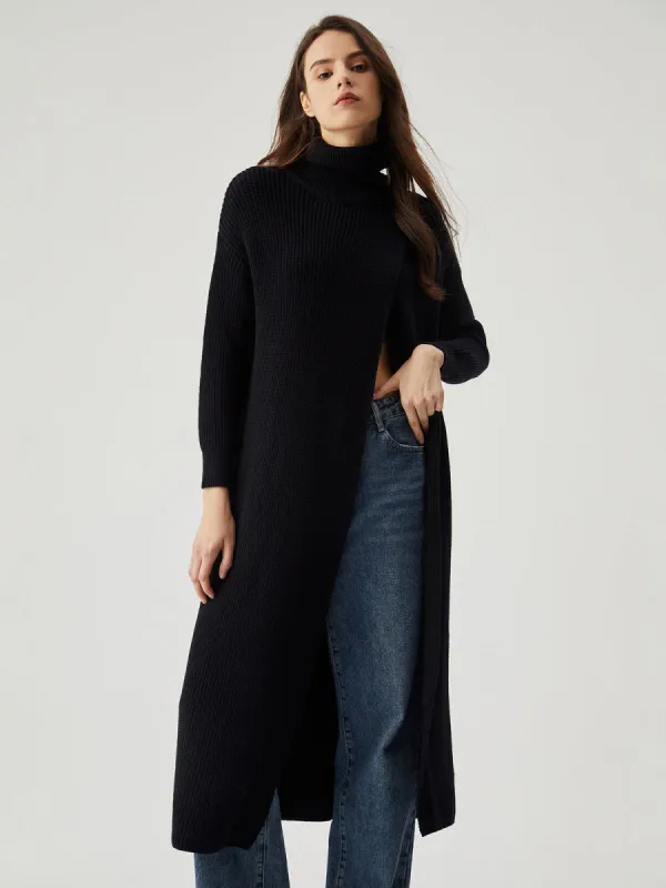 Ribbed Knit Layered Split Turtleneck Sweater Dress sold by COMMENSE
