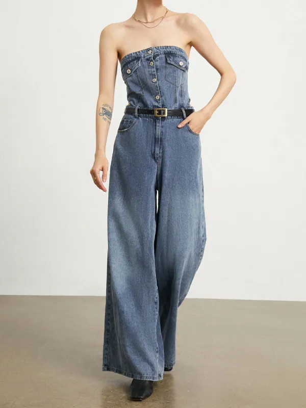 Denim Wide Leg Tube Jumpsuit made by COMMENSE