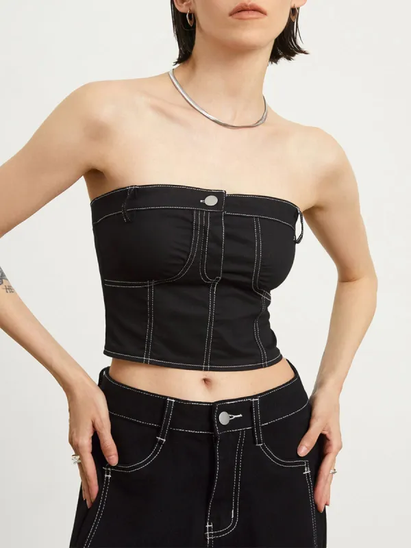 Minimalist Black Denim Tube Crop Top sold by COMMENSE