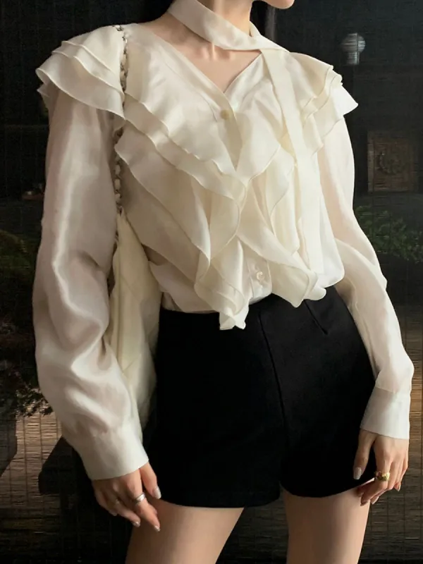 Semi-sheer Ruffle V-neck Long Sleeve Blouse sold by COMMENSE