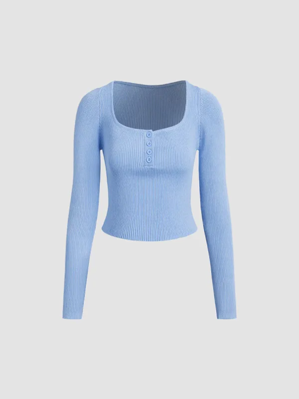 Silent Sea Button Up Ribbed Knit Top made by COMMENSE