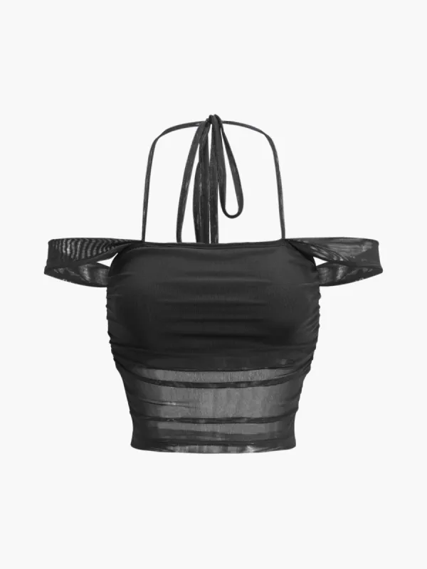 Halter Off Shoulder Mesh Crop Top sold by COMMENSE