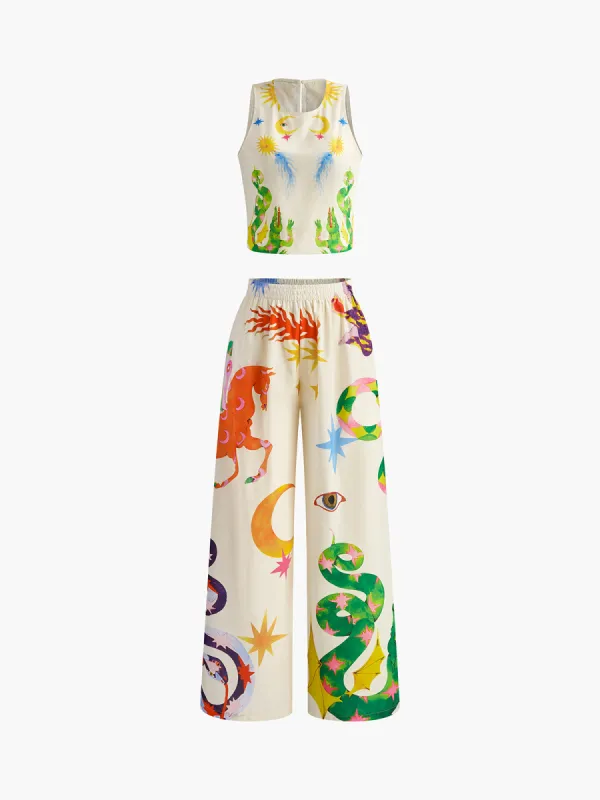 Print Sleeveless Pants Set sold by COMMENSE