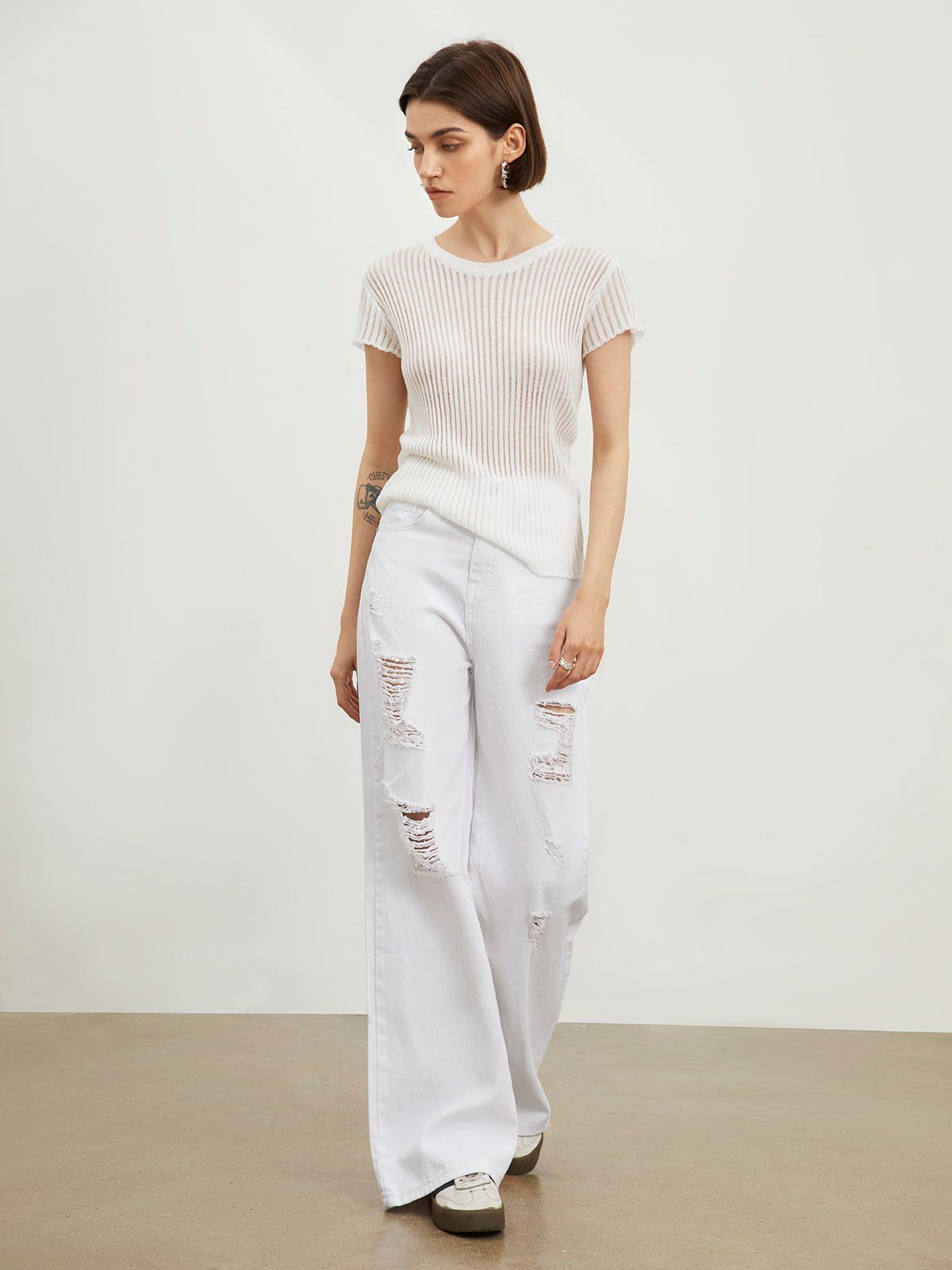 Ripped White Denim Straight Leg Jeans sold by COMMENSE product image thumbnail 5