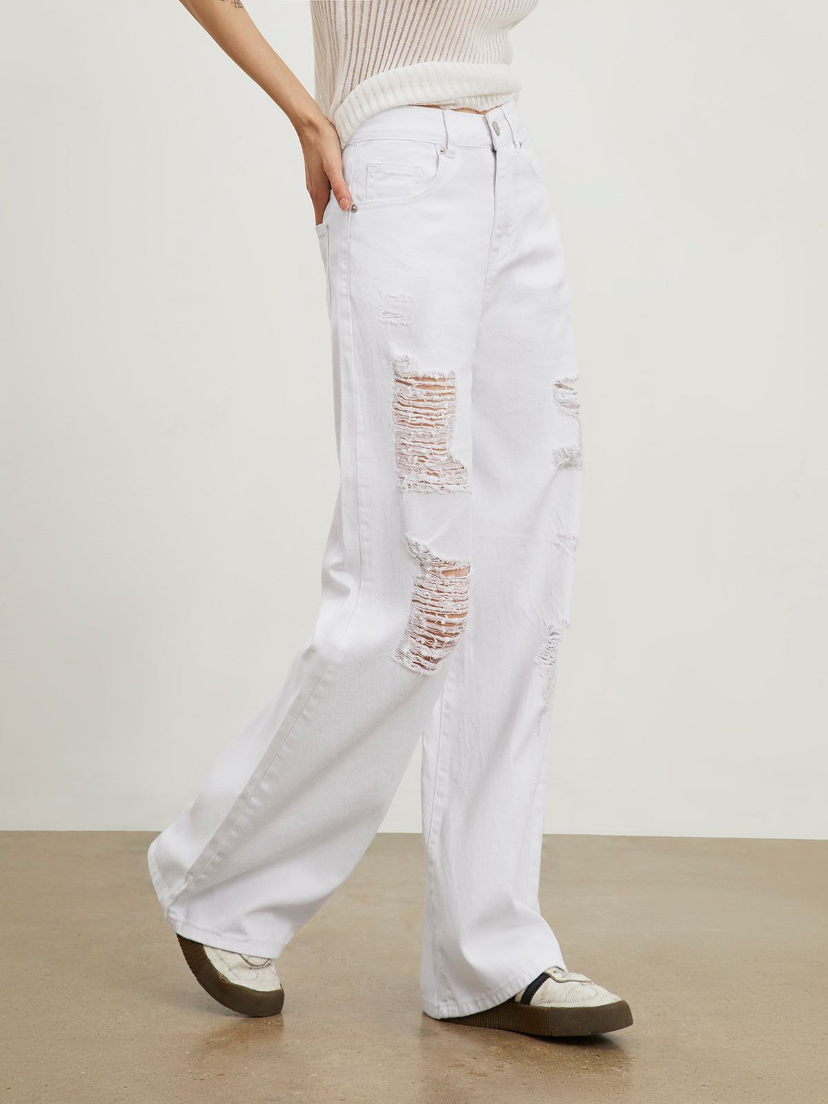 Ripped White Denim Straight Leg Jeans sold by COMMENSE product image thumbnail 2