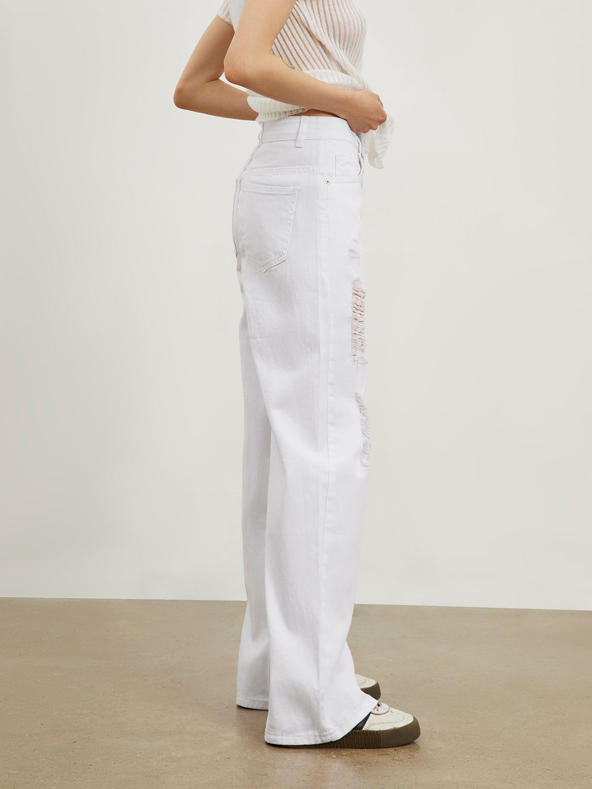 Ripped White Denim Straight Leg Jeans sold by COMMENSE product image thumbnail 3