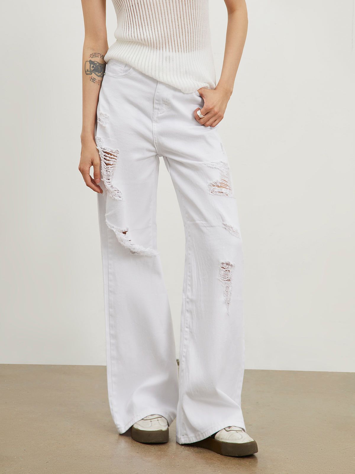 Ripped White Denim Straight Leg Jeans sold by COMMENSE
