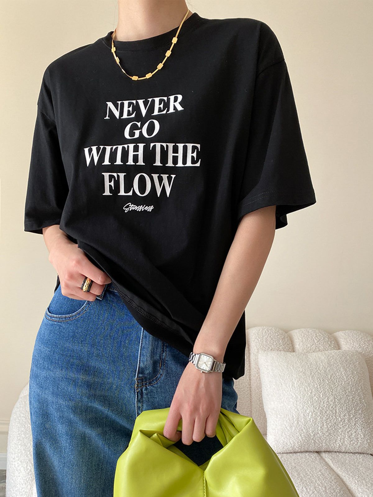 Letter Print Cotton T-Shirt sold by COMMENSE product image thumbnail 3