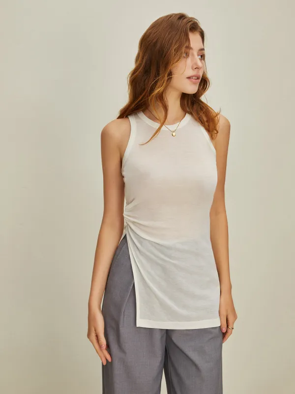 Semi-Sheer Asymmetric Tank Top sold by COMMENSE