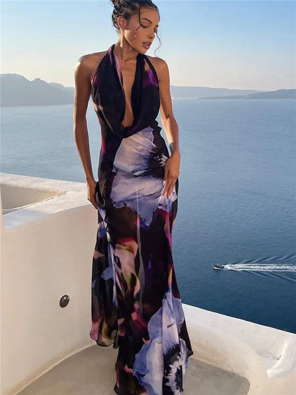 Semi-Sheer Print Backless Halter Dress sold by COMMENSE