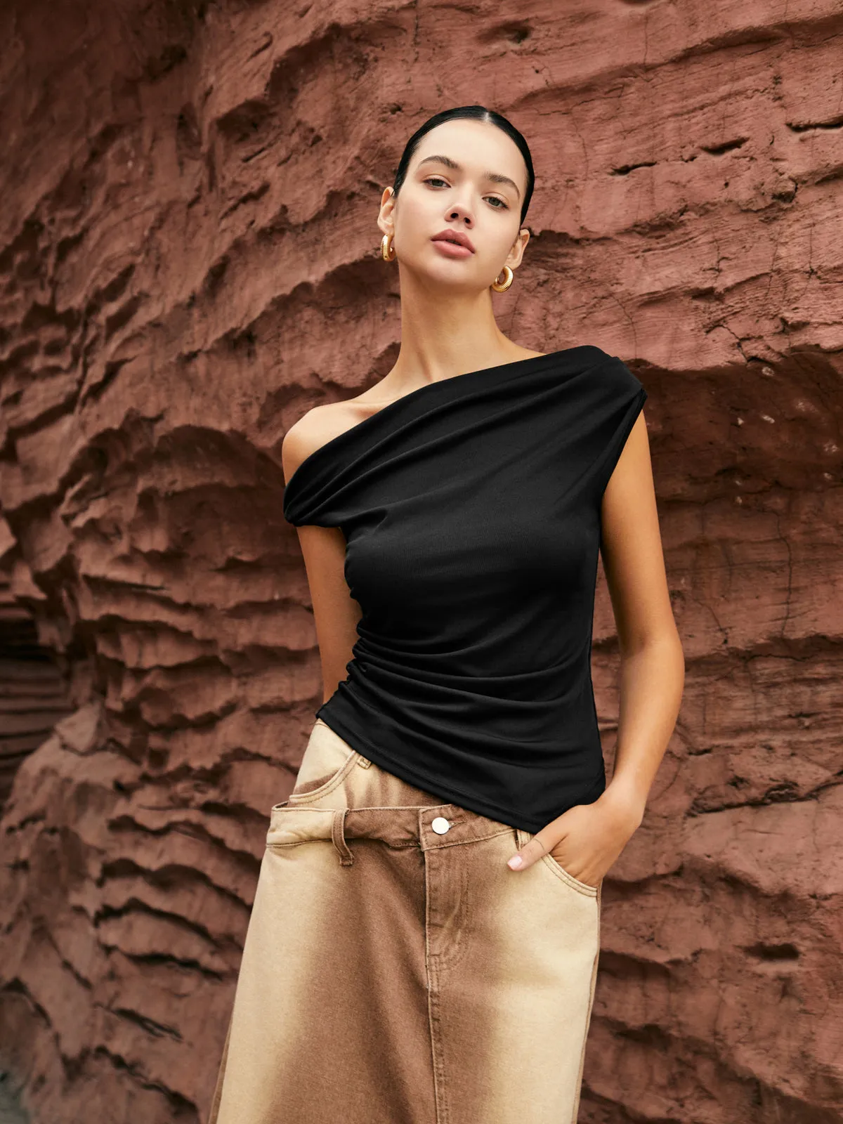 Asymmetric Knotted One-Shoulder Top sold by COMMENSE
