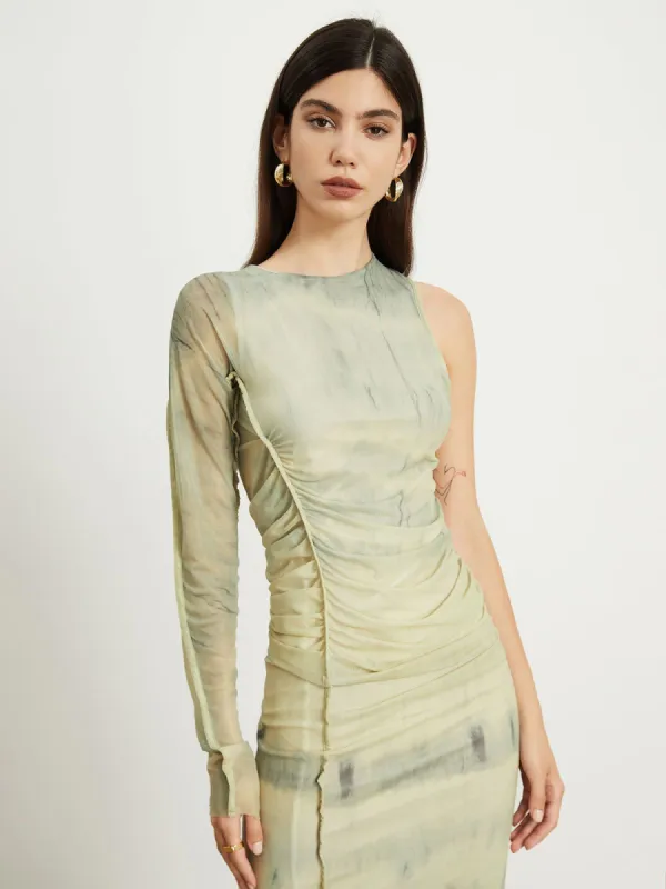 Tie Dye One Sleeve Mesh Midi Dress sold by COMMENSE