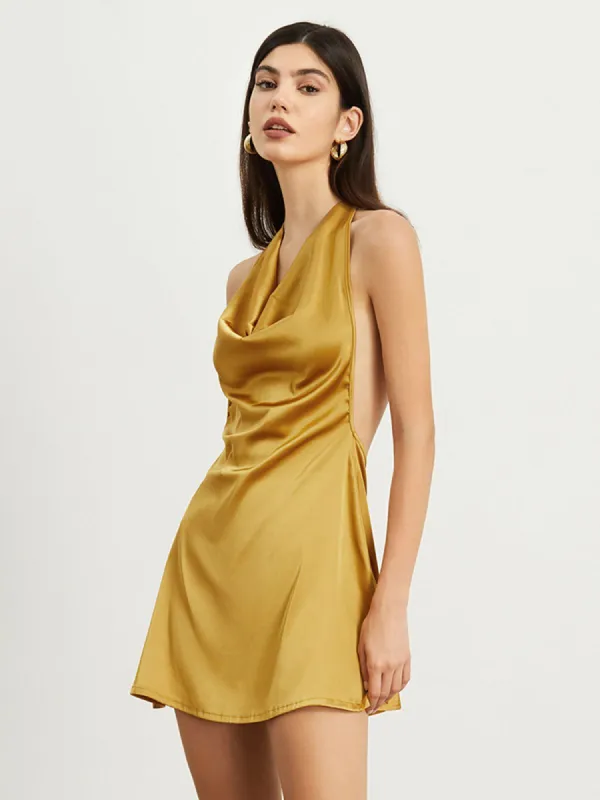 Halter Cowl Neck Open Back Satin Short Dress sold by COMMENSE