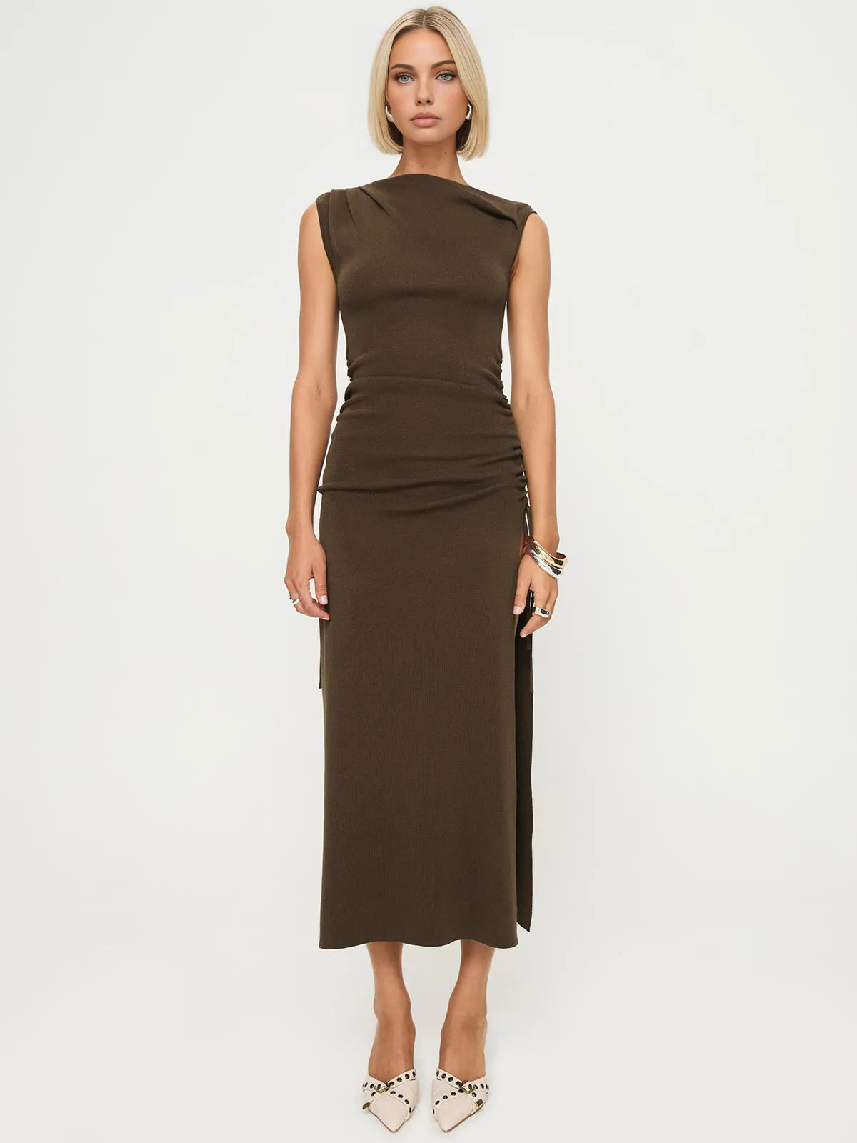 Asymmetrical Neck Split Midi Dress sold by COMMENSE product image thumbnail 5