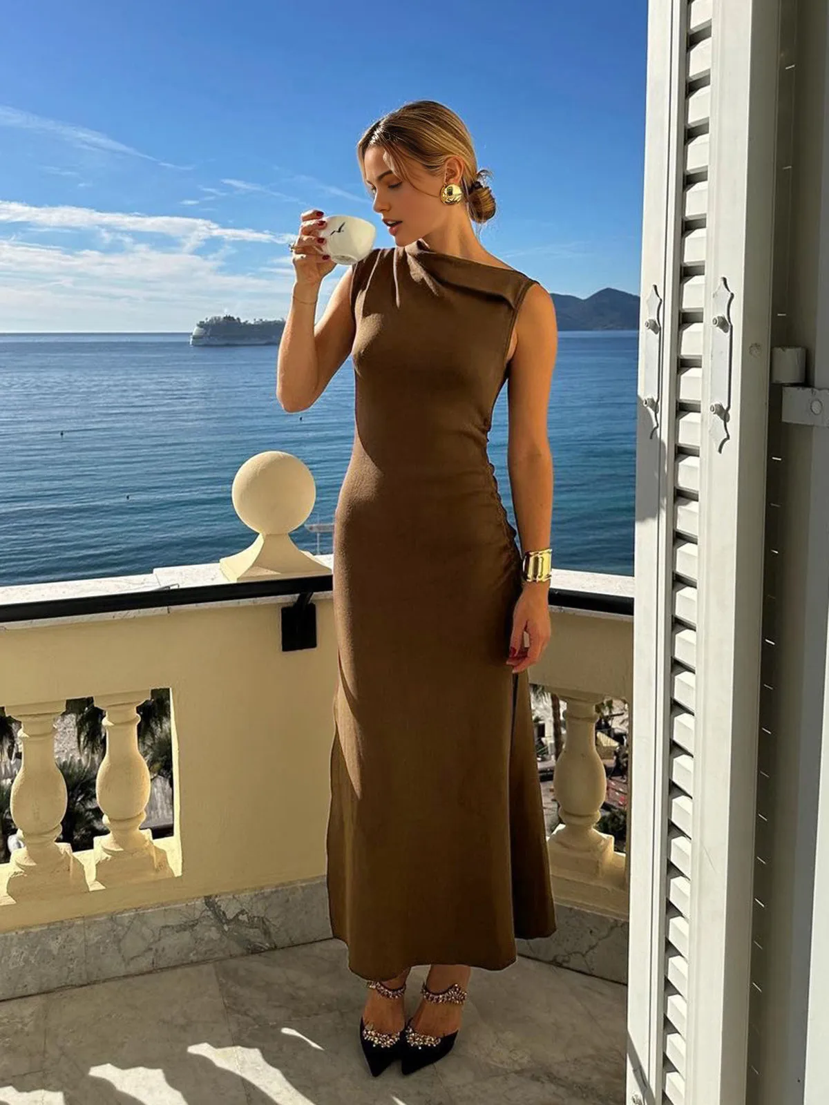 Asymmetrical Neck Split Midi Dress sold by COMMENSE product image thumbnail 2