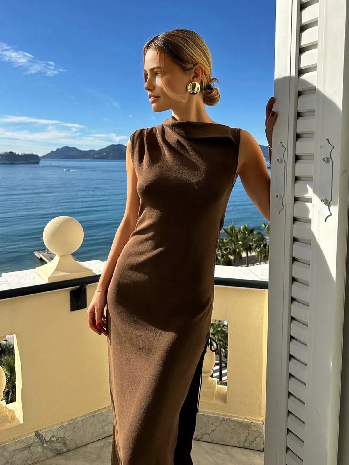 Asymmetrical Neck Split Midi Dress sold by COMMENSE product image thumbnail 3