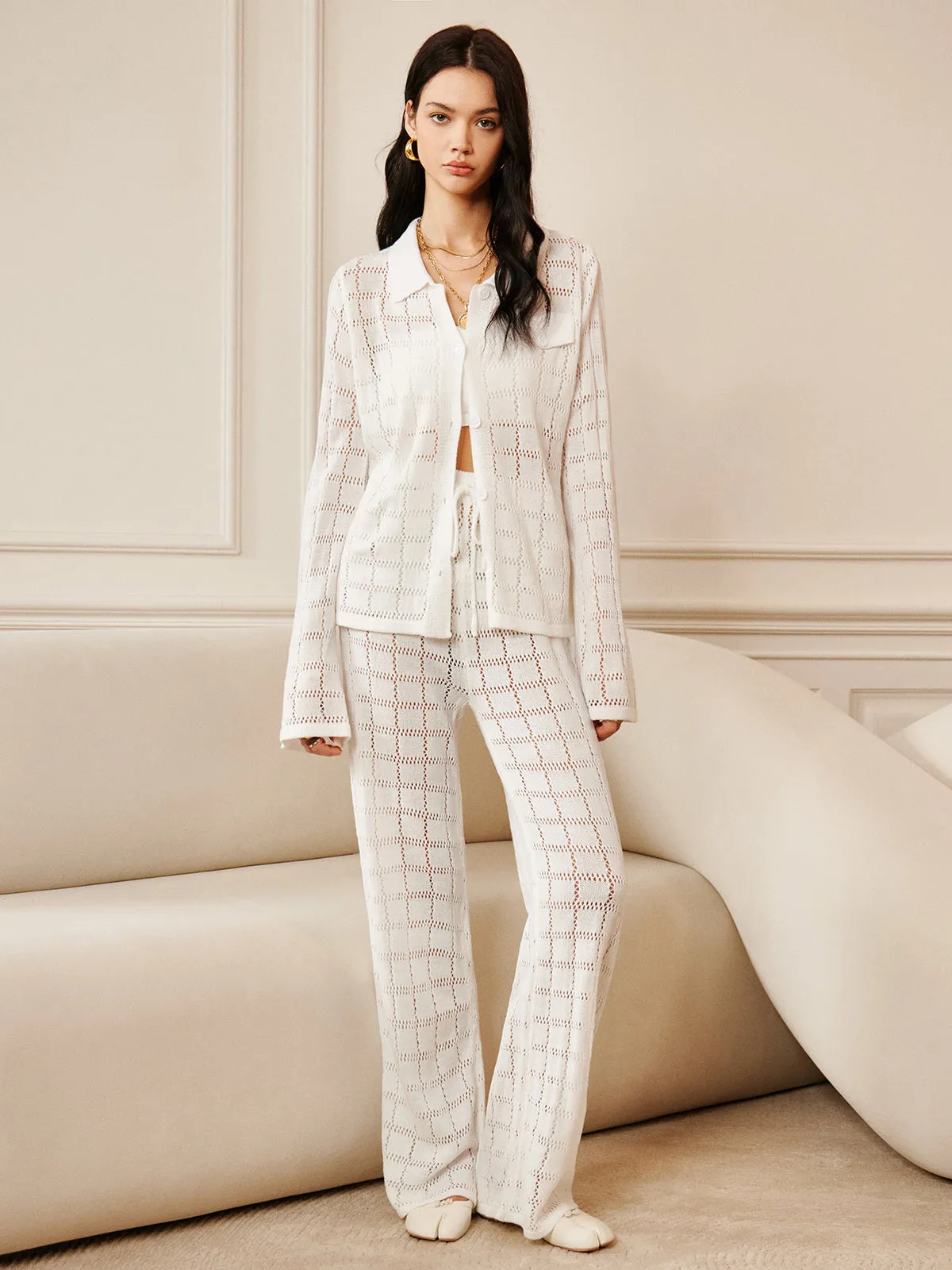 Hollow Plaid Drawstring Pants Set sold by COMMENSE product image thumbnail 2