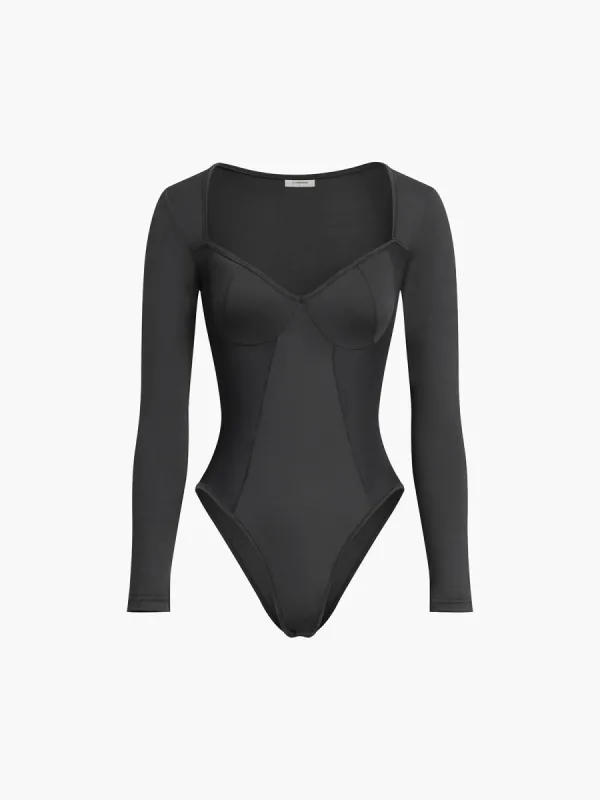 Patchwork Heart-Shaped Collar Long Sleeve Bodysuit sold by COMMENSE