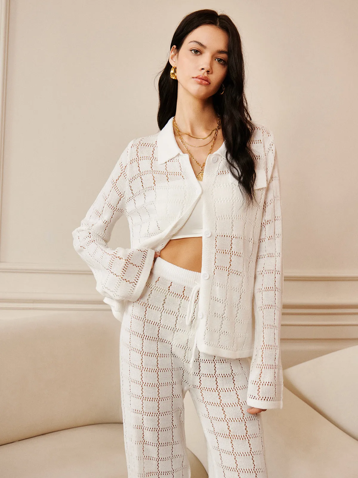 Hollow Plaid Drawstring Pants Set sold by COMMENSE product image thumbnail 4