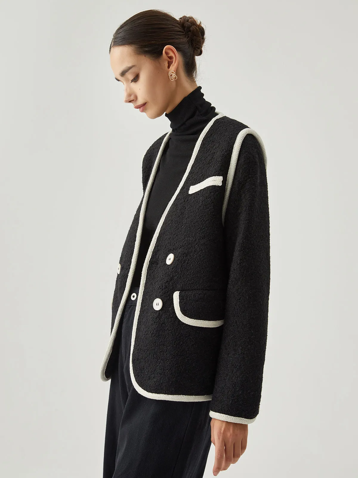 Contrast Trim Tweed Button Detail Wool Coat sold by COMMENSE product image thumbnail 4