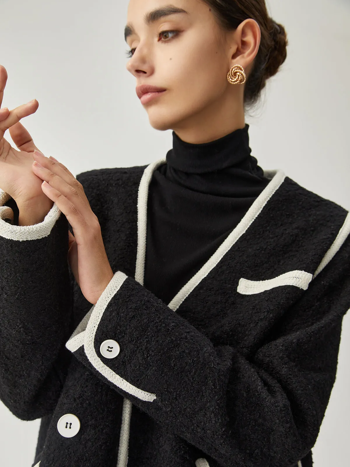 Contrast Trim Tweed Button Detail Wool Coat sold by COMMENSE product image thumbnail 5